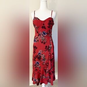Band of Gypsies Red Floral Midi Dress Size Large Sweetheart Neck NWT